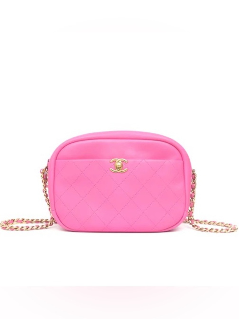 CHANEL Pink Quilted Calfskin Crossbody Camera Bag with Gold CC chain